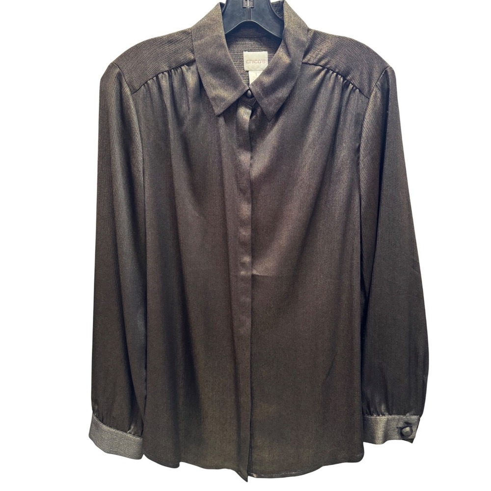 Chicos Metallic Bronze Shimmer Pleated Button Down Blouse Medium Long Sleeve